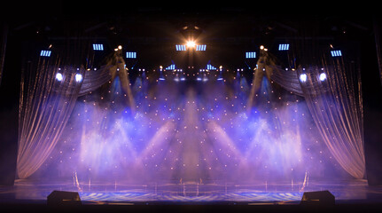 scene, stage light with colored spotlights and smoke	