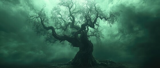 Ancient gnarled tree shrouded in eerie green mist under a stormy sky.