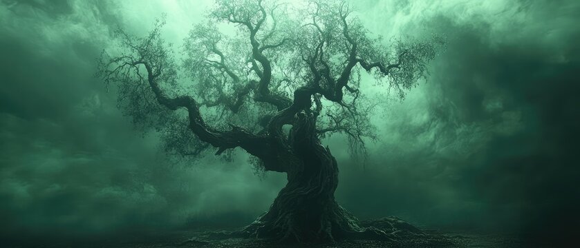 Ancient gnarled tree shrouded in eerie green mist under a stormy sky.