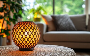 Warm, decorative lamp on a woven table, tranquil living room ambiance