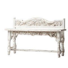 Shabby chic distressed white wood bench with floral carvings, isolated on a empty plain background