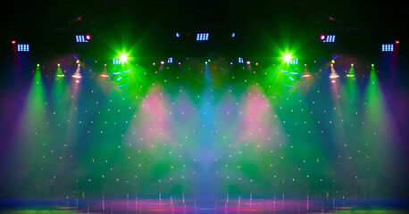 stage light with colored spotlights and smoke, concert and theatre scene 
