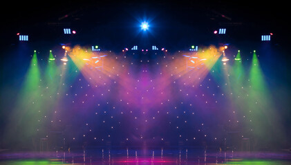 stage light with colored spotlights and smoke, concert and theatre scene 
