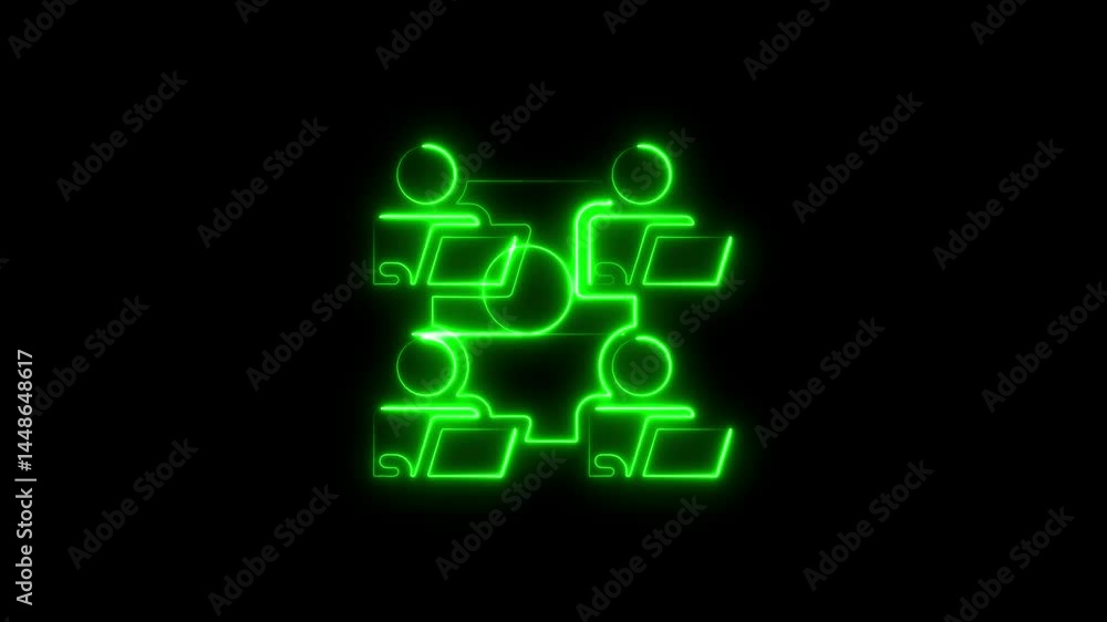 Aufkleber glowing green neon outline of a team collaborating with computers against a black background