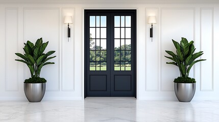 Elegant Entryway Interior with Black Door, White Walls, Plants and Marble Floor Providing a Minimalist Aesthetic.