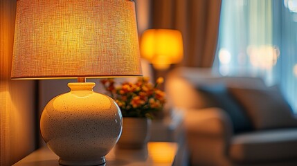Warm lighting illuminates a cozy room, featuring a bedside table lamp with a linen shade