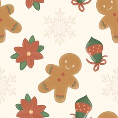 Seamless Cozy Christmas Pattern  on beige background with Gingerbread and Holiday Elements. Pastel hand-drawn style