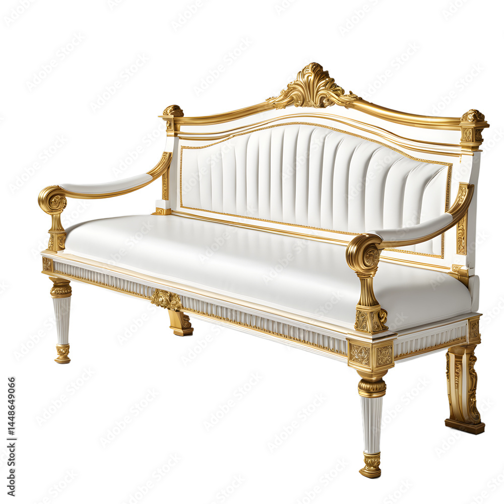 Poster neoclassical white painted bench with gold trim and fluted legs, isolated on a empty plain backgroun