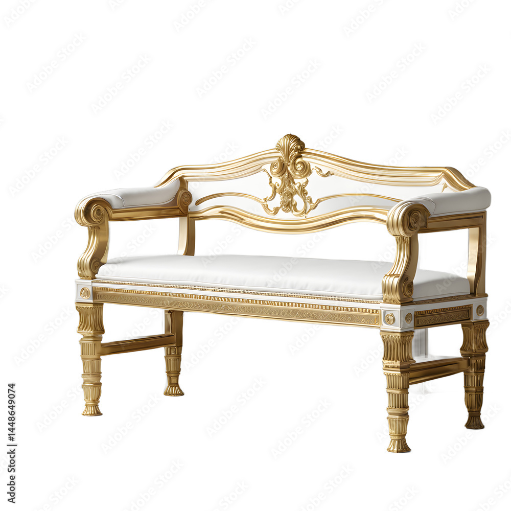 Poster neoclassical white painted bench with gold trim and fluted legs, isolated on a empty plain backgroun