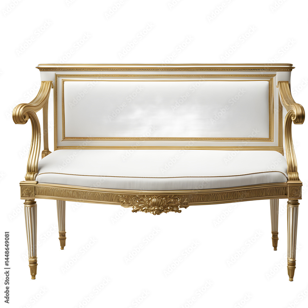 Poster neoclassical white painted bench with gold trim and fluted legs, isolated on a empty plain backgroun