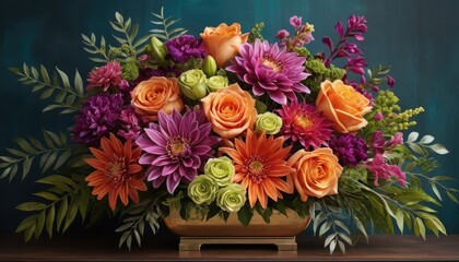 A colorful bouquet of tulips in a vase with vibrant flowers in a beautiful floral arrangement