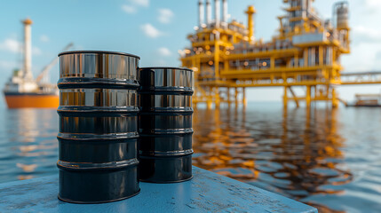 Offshore Energy: Barrels at sea, symbolizing global energy infrastructure and industry's offshore activities, against a backdrop of oil platforms.