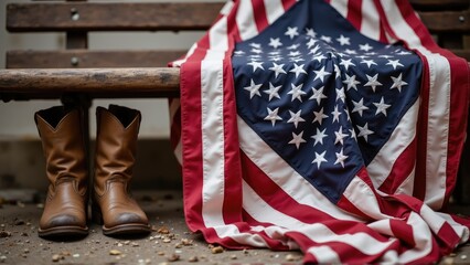 Fototapeta premium independence day (united states) American flag cultural pride. A pair of brown cowboy boots rests beside an American flag draped on a bench, symbolizing patriotism and Americana.