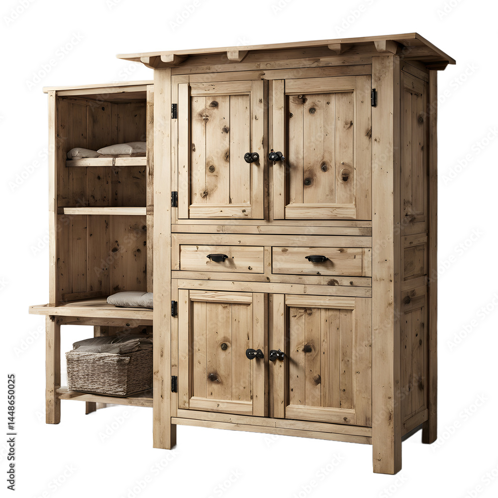 Poster Rustic Alpine chalet-style pine cabinet with rough textures, isolated on a empty plain background