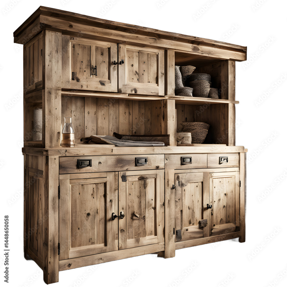Aufkleber Rustic Alpine chalet-style pine cabinet with rough textures, isolated on a empty plain background