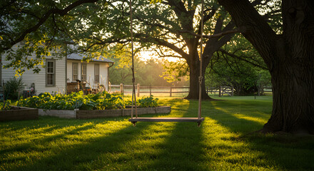 Obraz premium Sunlit Countryside Scene With Swing And Cozy Home In Early Morning Light