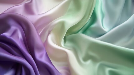 A 4K photo of luxurious purple and green silk satin fabric with gentle folds, creating a gradient effect. The shiny surface adds depth and elegance, offering a smooth.