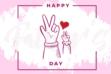 Happy Father's Day greeting card illustration featuring two hands making a peace sign-one large and one small-symbolizing a father and child, with a red heart, on a pink and white grunge background.