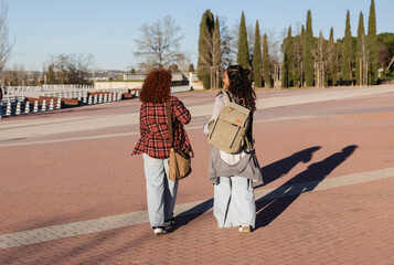 Two female university students with backpacks and bags are walking away on a brick paved path in a campus, talking and enjoying their time together on a sunny day