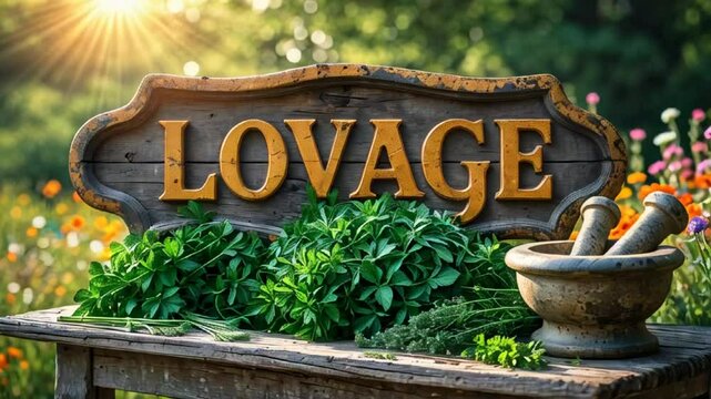 sign with inscription lovage, fresh herbs on table, sunny day

