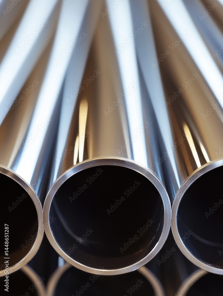 Poster metallic tubes in a stack reflecting light and creating a pattern with a low angle view showing the 