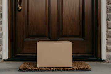A package sits on a doormat in front of a wooden door. It is a delivery package, left by the entrance of a house. Door has a bronze knocker.