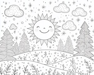 Winter scene with sun and trees, perfect for coloring