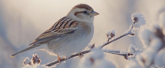 Winter sparrow perched on frosted branch