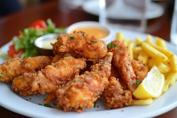 Fototapeta premium Golden fried chicken tenders served with crispy french fries and lemon wedge on white plate delicious meal