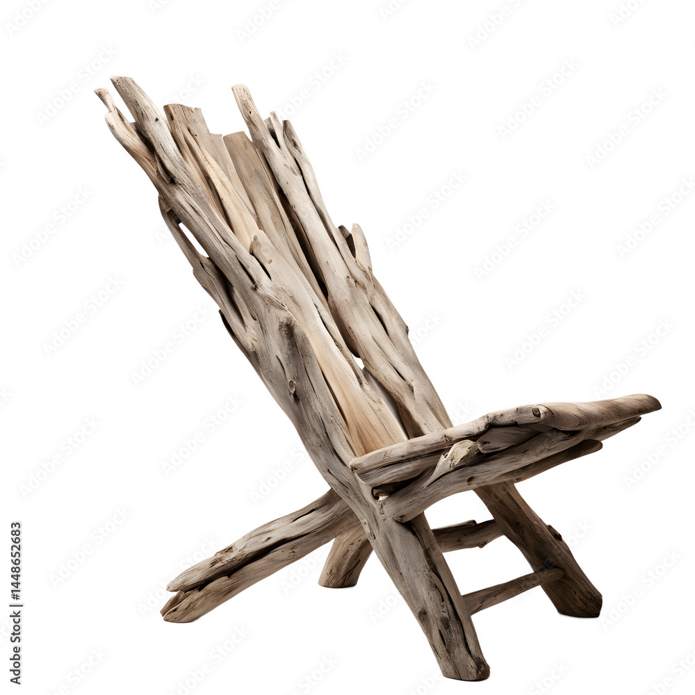 Poster modern rustic reclaimed driftwood chair with raw finish, isolated on a empty plain background