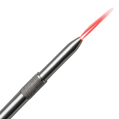 High Precision Metallic Instrument Tip Emitting a Sharp Red Laser Beam, Featuring a Textured Handle Detail.