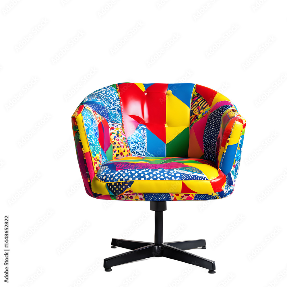 Poster pop art colorful printed vinyl chair with bold patterns, isolated on a empty plain background
