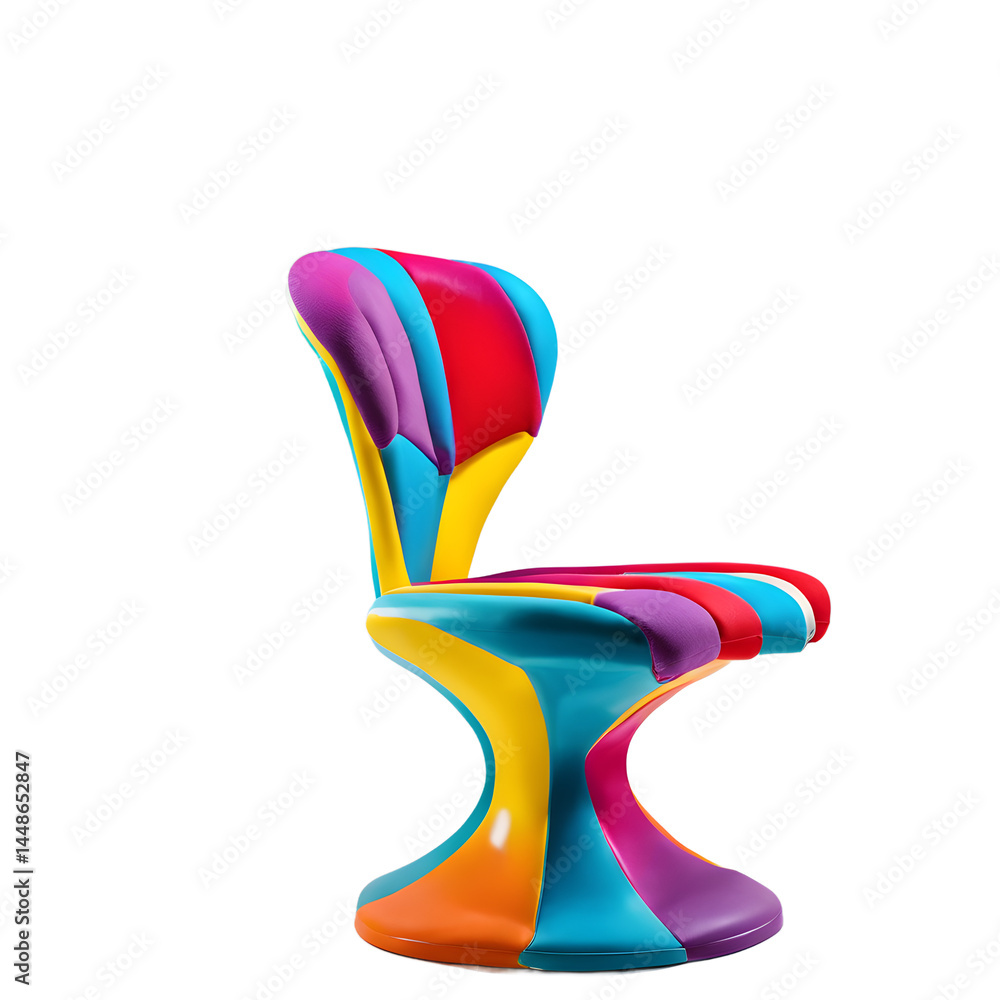 Poster pop art colorful printed vinyl chair with bold patterns, isolated on a empty plain background