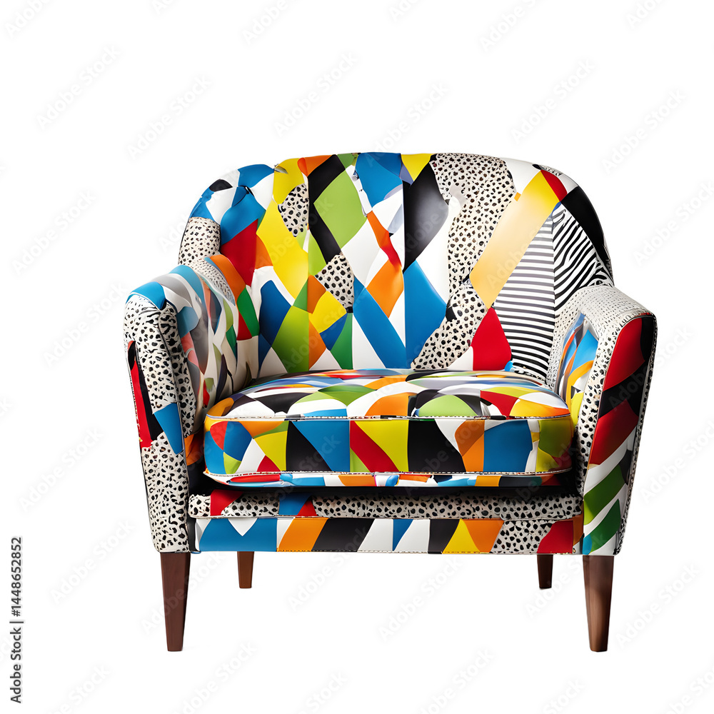 Poster pop art colorful printed vinyl chair with bold patterns, isolated on a empty plain background