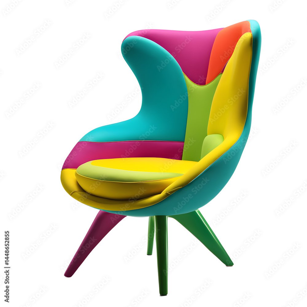 Poster pop art sculptural foam chair with vibrant pop colors, isolated on a empty plain background