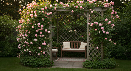 Obraz premium Romantic Rose Arbor Sanctuary: A Wooden Bench Nestled in a Lush Pink Floral Garden