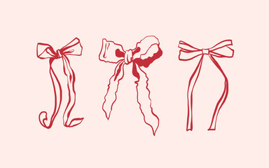 Set of bows and ribbons in red color. Outline decorative sketches holiday bows for gifts, surprise, or hair decor. Line art hand-drawn vector illustration for Christmas, Valentine Day, birthday cards