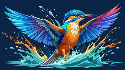 Obraz premium A swift rise from the water's mirror-like surface. The fish escaped, but the moment was art. Color, motion, and form blend in perfection. Best for expressive vector bird portraits.