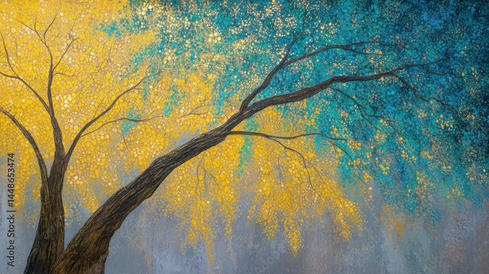Poster impressionistic tree painting with vibrant yellow and teal foliage against a textured gray backgroun