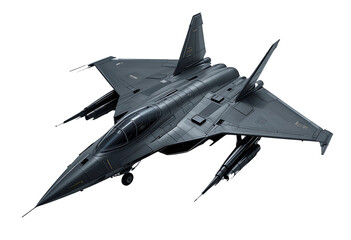 Futuristic stealth fighter jet on a white background, showcasing aerodynamic design and cutting-edge weaponry in matte black and grey tones