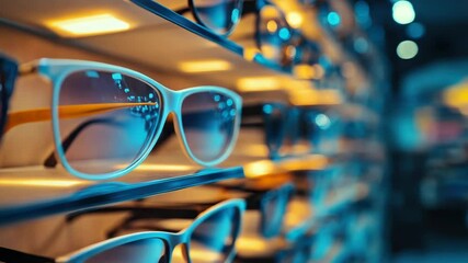 Modern glasses shop interior with a variety of eyewear displays. Optical store offering stylish frames, lenses, and eye care products.
