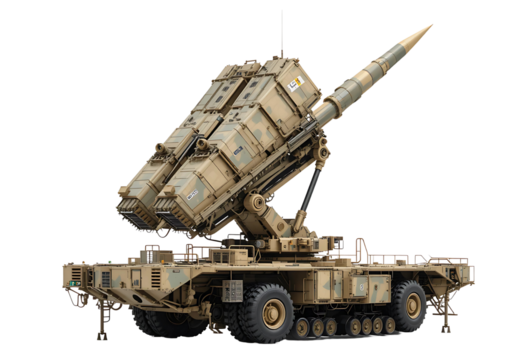 Advanced missile defense system on mobile launcher, white background, highlighting precision engineering in desert-camouflage pattern