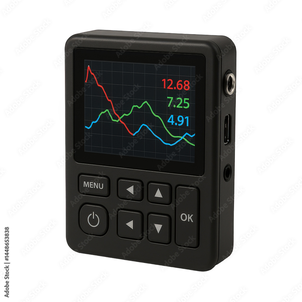 Poster compact digital monitoring device displaying colorful line graphs and real-time numerical data readi