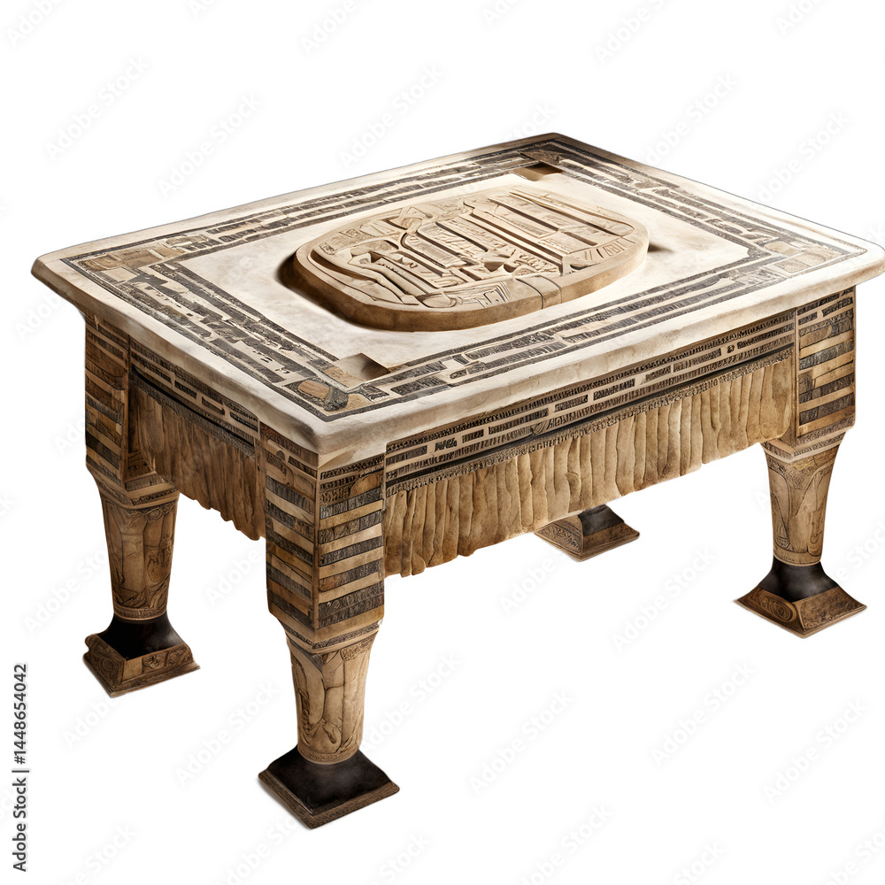 Poster ancient egyptian carved stone coffee table with papyrus motifs, isolated on a empty plain background