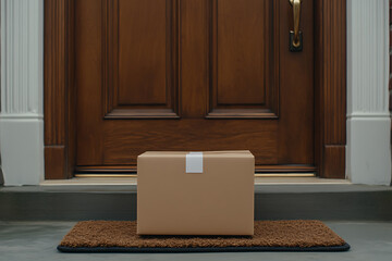 Delivery box left at front door.  A convenient service for the customer.  A brown parcel sits on the door mat.
