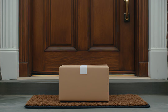 Delivery box left at front door.  A convenient service for the customer.  A brown parcel sits on the door mat.