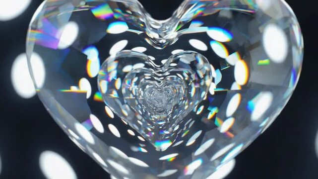 Crystal glass heart tunnel rainbow light, camera flying transparent prismatic hearts, elegant futuristic Valentine's aesthetic, high-detail refraction glow, modern, romantic abstract design, 4K