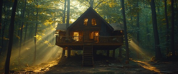 Wooden Cabin in a Misty Forest