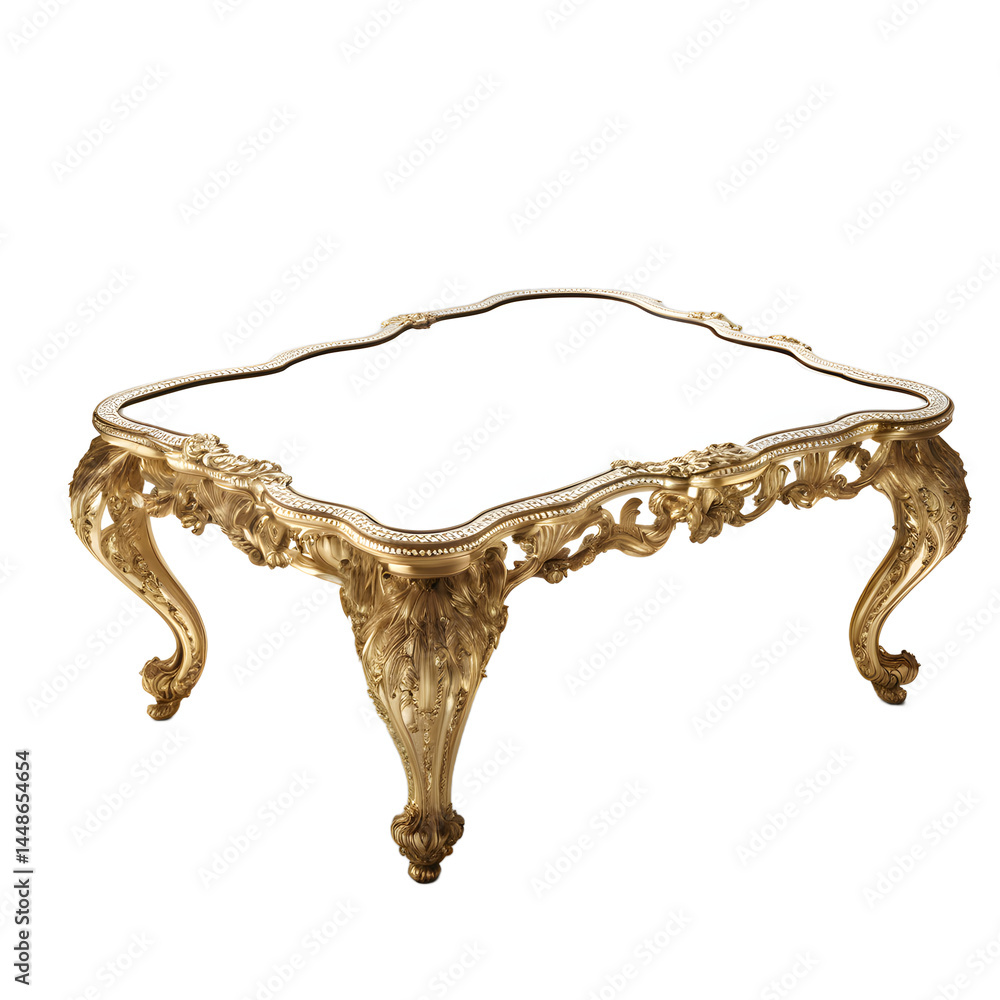 Poster hollywood regency gold mirrored coffee table with ornate legs, isolated on a empty plain background