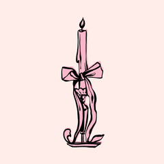 Candle with bow in sketch style. Vector outline illustration in black and pink color. Coquette core aesthetic. Vector illustration